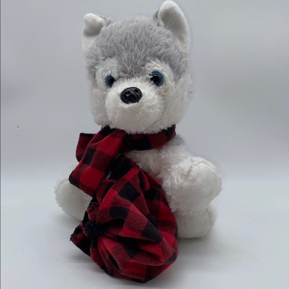 North Pole Trading Co. Plush Husky Dog with Red Plaid Scarf and Bag 8.5”